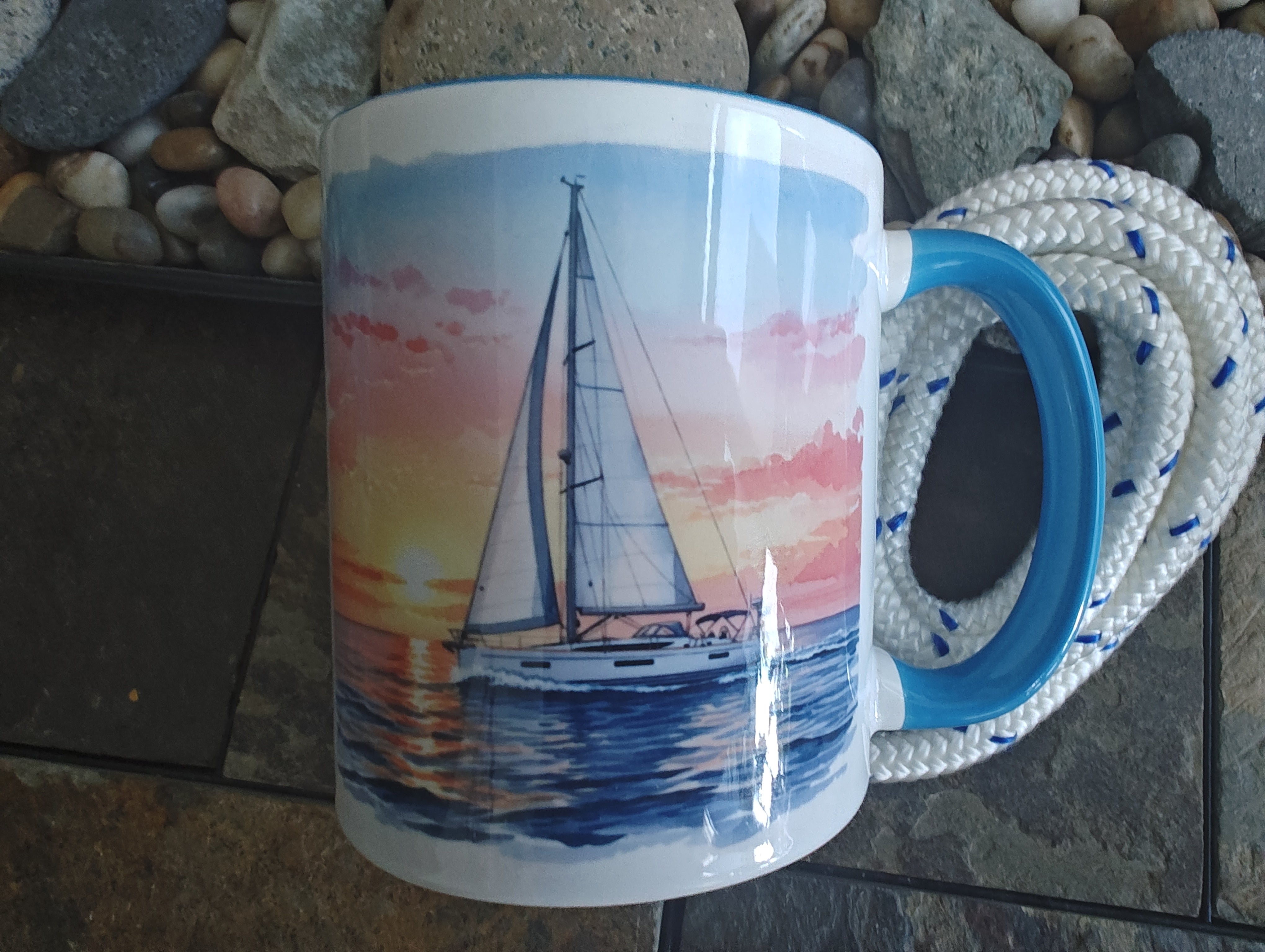 Mug with Color Inside (Sunrise sailboat watercolor)