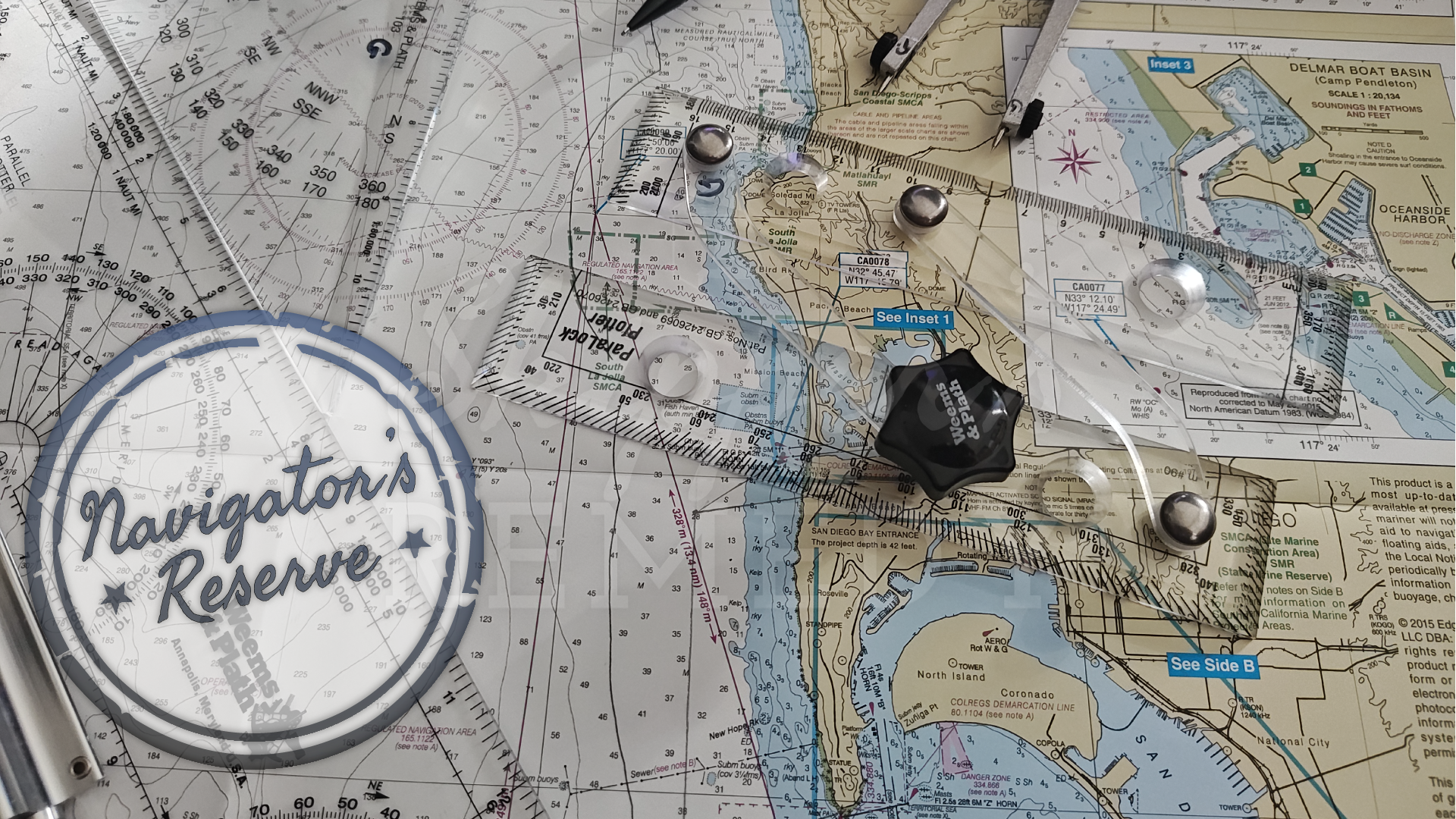 Nautical chart with a compass and 'Navigator's Reserve' logo.