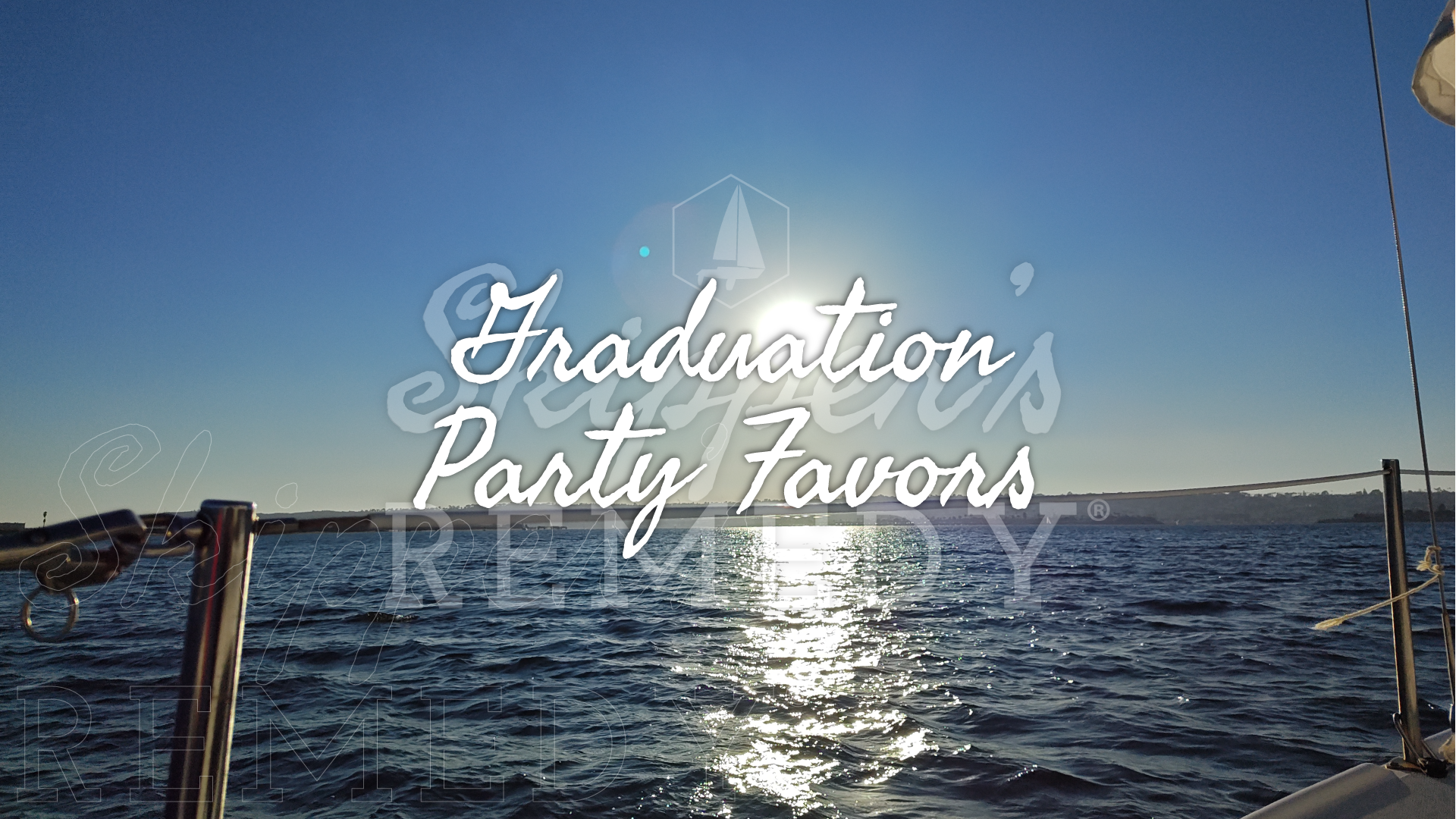Sailing boat on water with 'Graduation Party Favours' text overlay