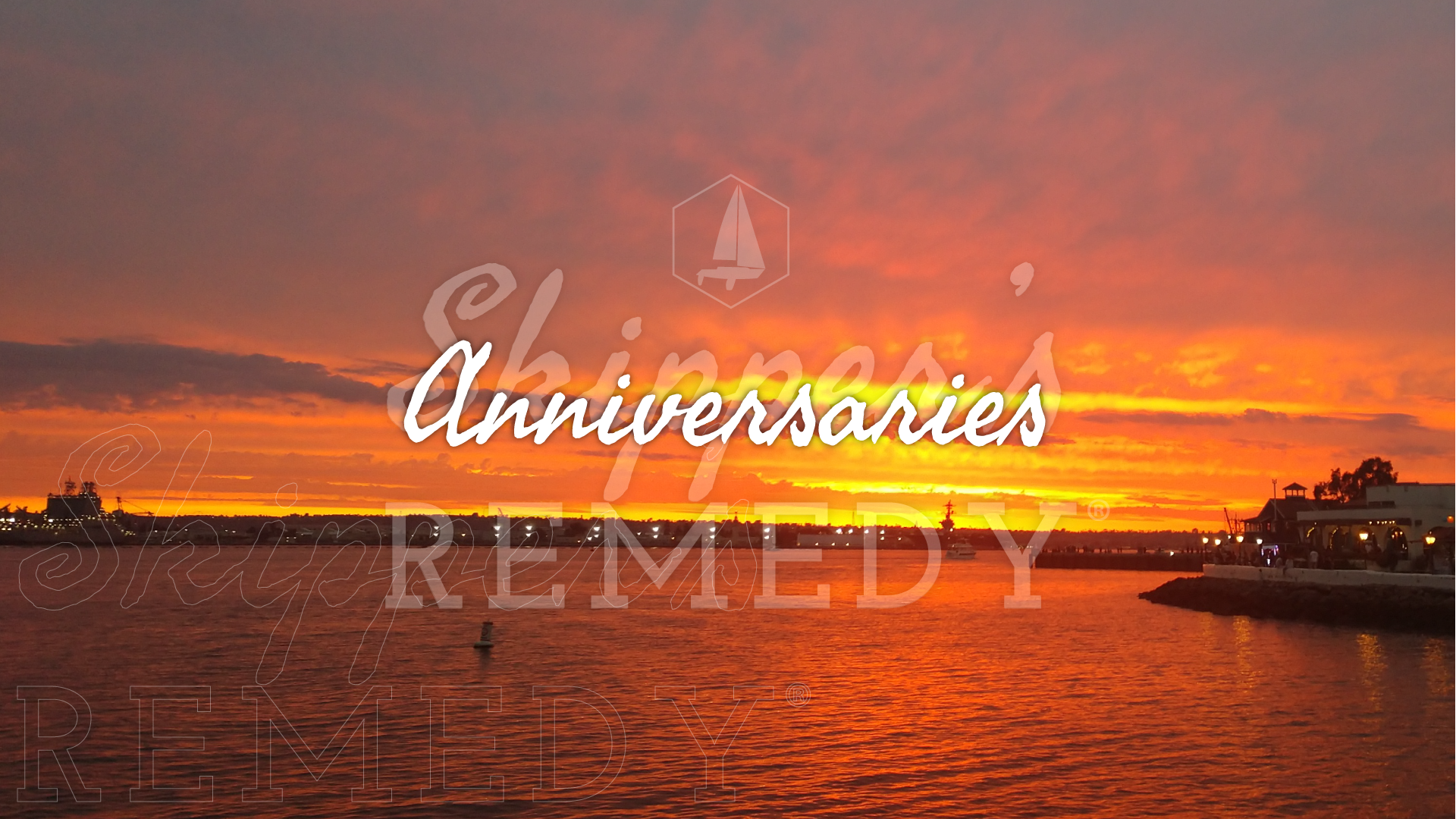 Sunset over a waterfront with 'Anniversaries Remedy' text overlay