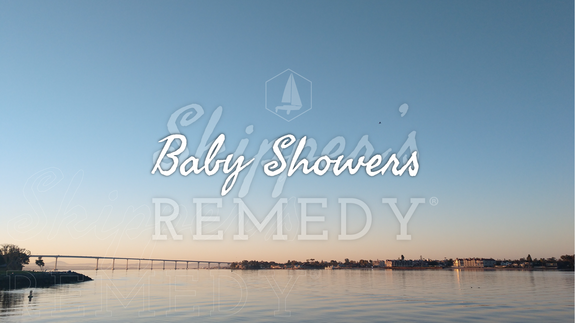 Sunny bay scene with 'Baby Showers Remedy' text overlay