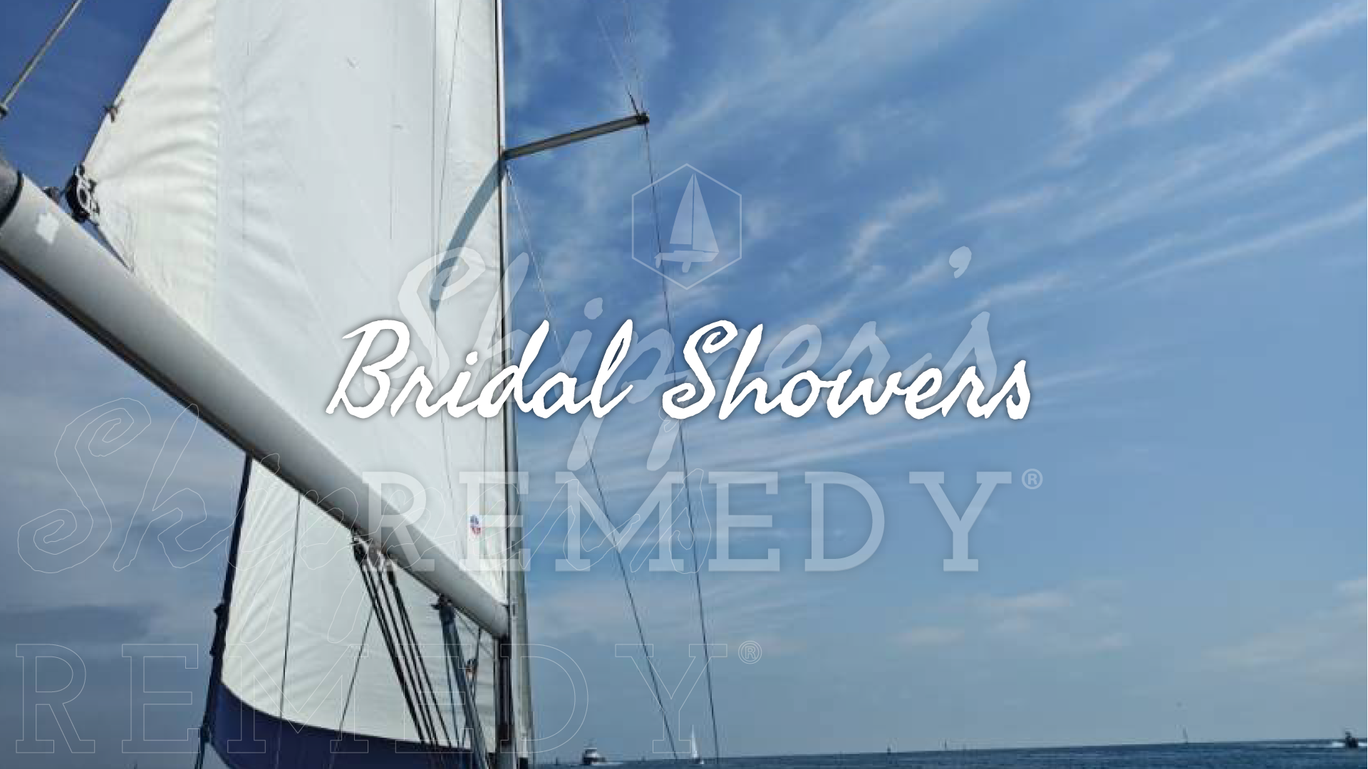 Sailboat with 'Bridal Showers' text against a blue sky.