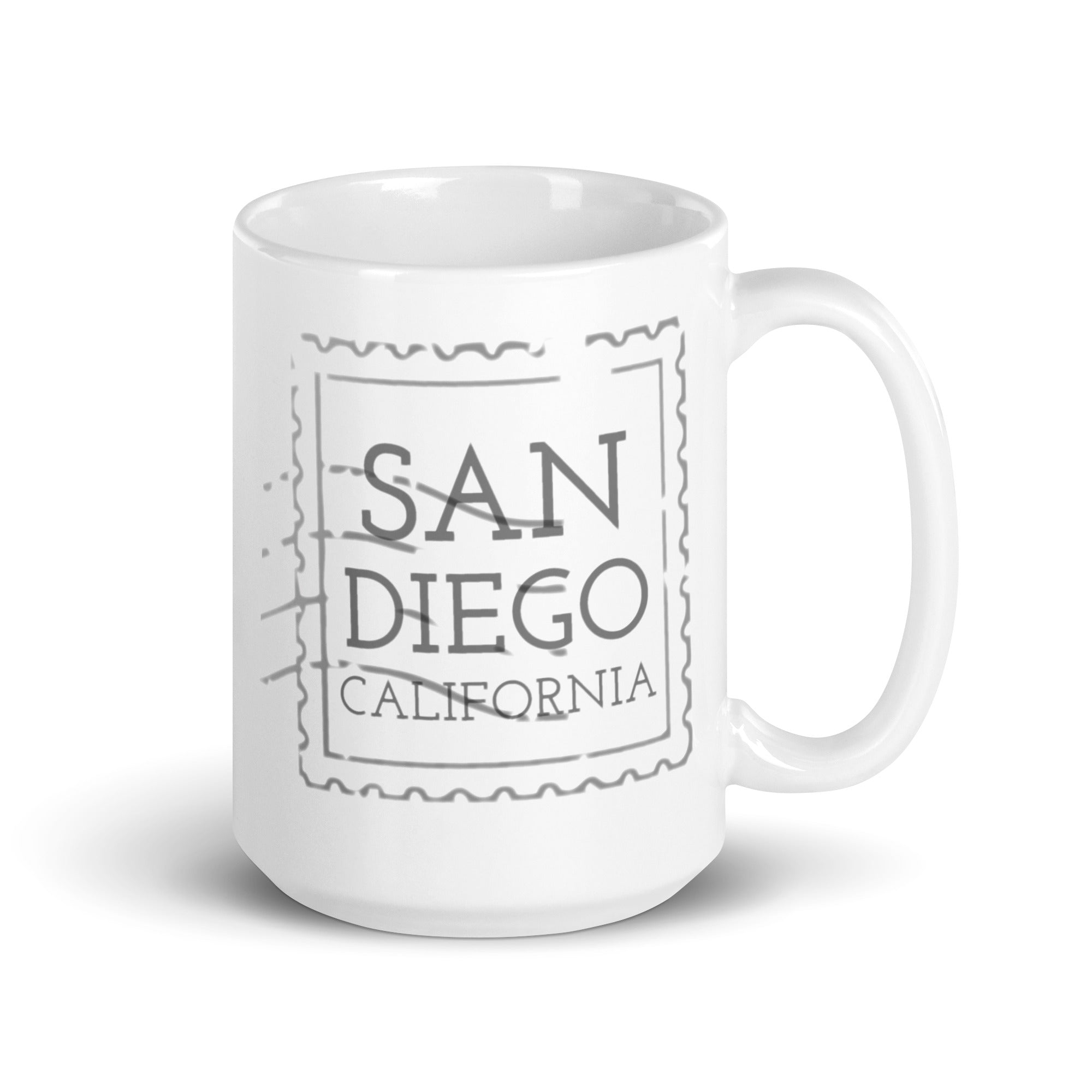 Skipper's Remedy - San Diego stamp, 15oz ceramic mug. view of side "San Diego California" stamp