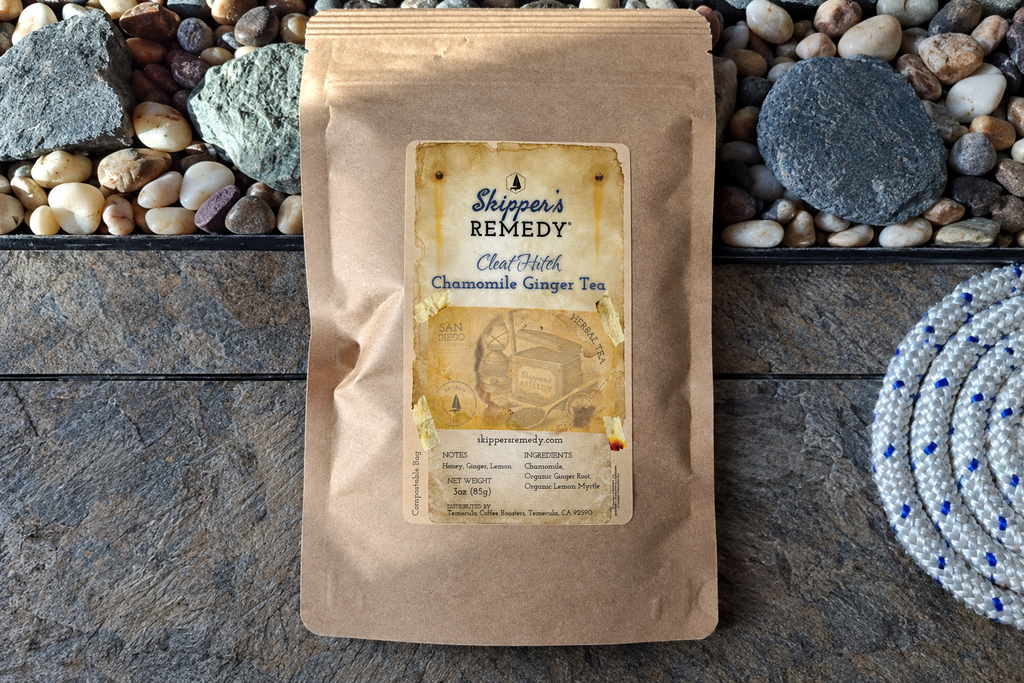 Chamomile Ginger Tea on a tan bag in a horizontal product photograph