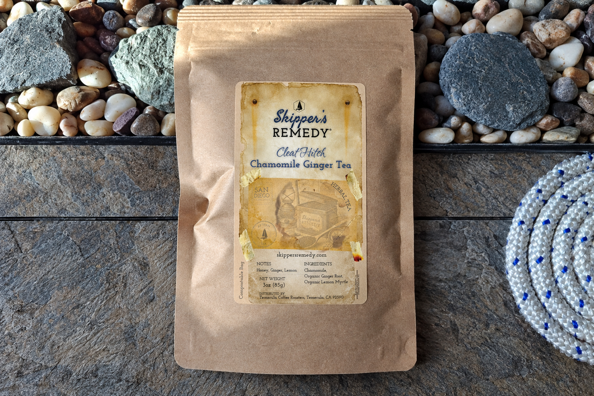 Chamomile Ginger Tea on a tan bag in a horizontal product photograph