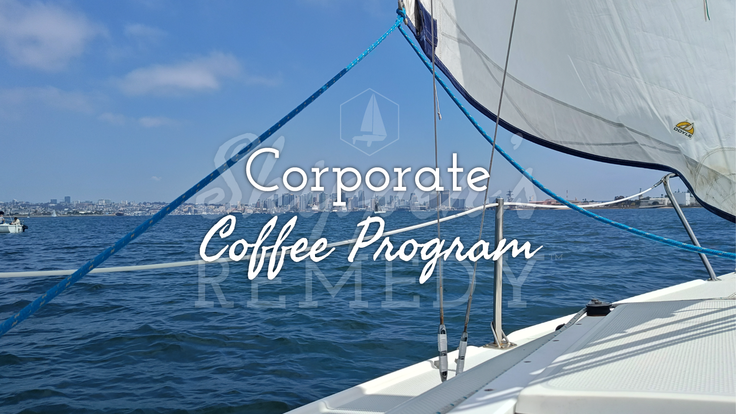 Sailing boat on water with 'Corporate Coffee Program' text overlay