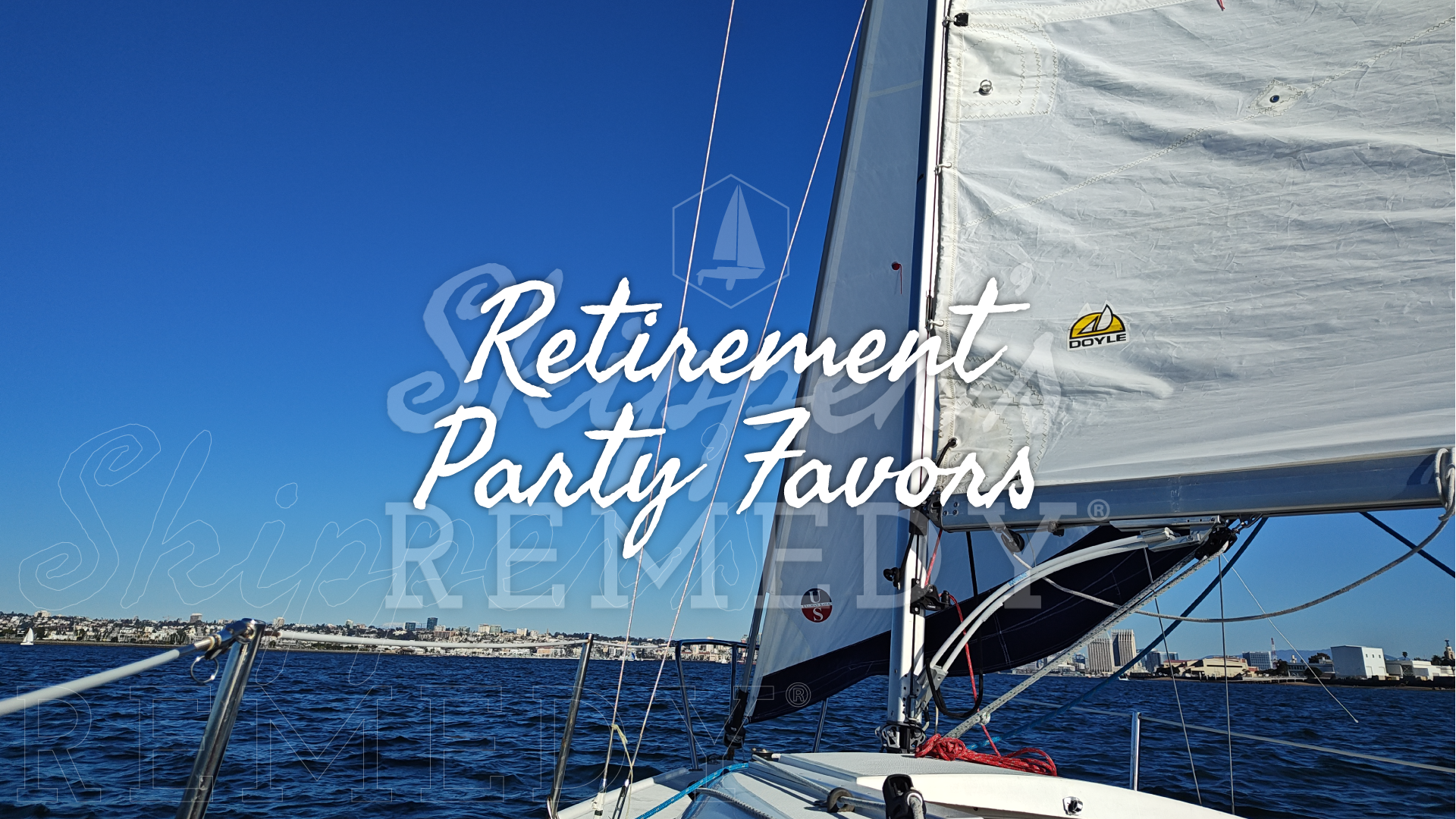 Sailboat on water with 'Retirement Party Favors' text overlay