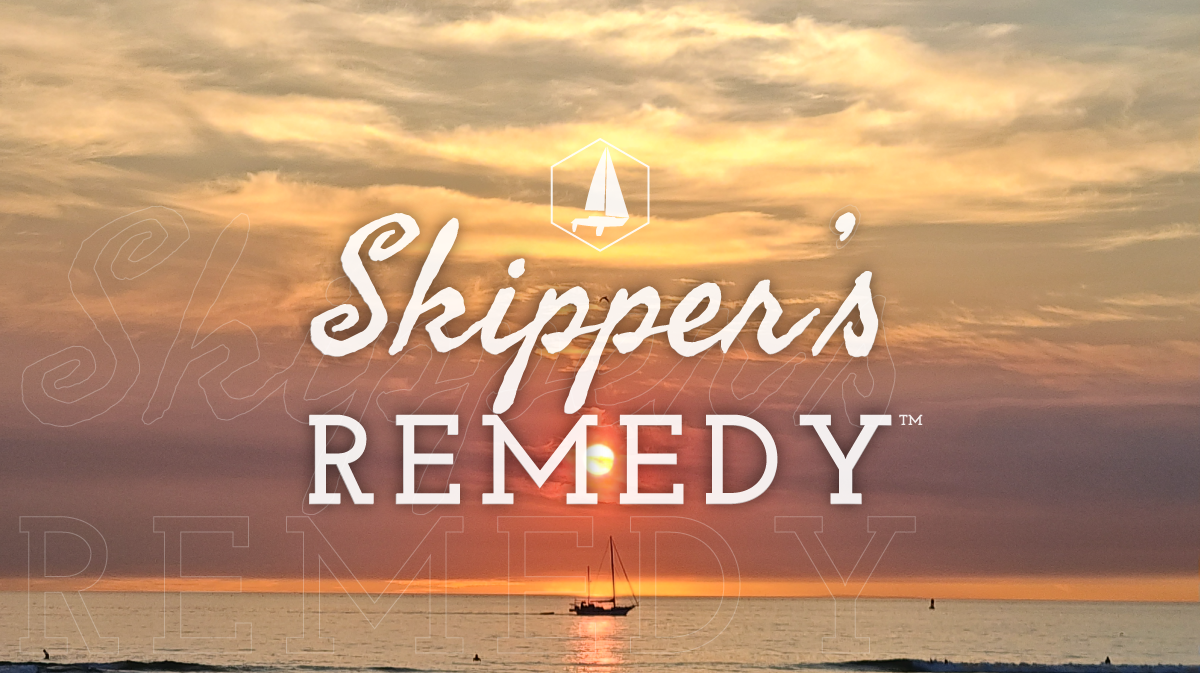 Sunset over the ocean with 'Skipper's Remedy' logo and sailboat silhouette.