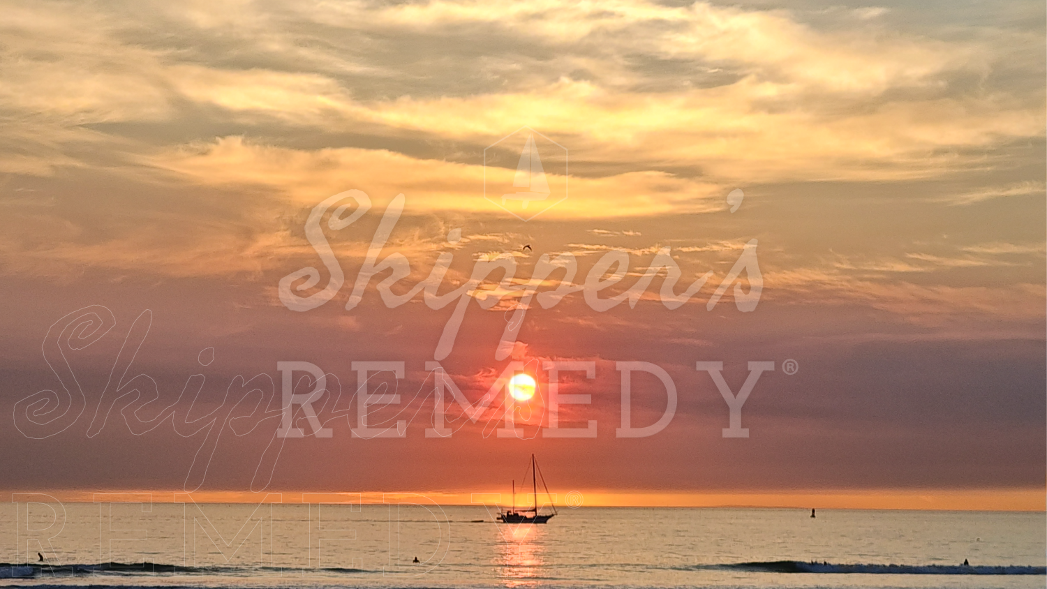 Sunset over the ocean with a sailboat and 'Skipper's Remedy' logo.