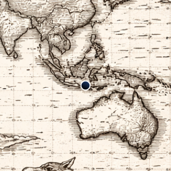 Vintage map (artistic rendering) of Australia and Indonesia with a blue dot marking Bali