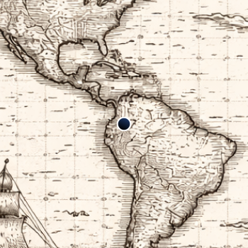 Vintage map (artistic rendering) of South America with a ship on the coast, featuring vintage design elements, with a blue dot marking Colombia