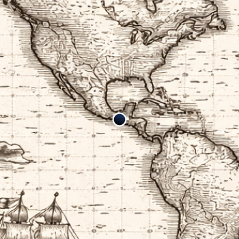 Vintage map (artistic rendering) of the Americas with a focus on Central America, featuring ships at the bottom, with a blue dot marking Guatemala