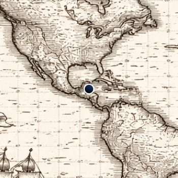Vintage map (artistic rendering) of the Americas with a ship and a blue dot marking Honduras