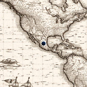 Vintage map (artistic rendering) of North America with a blue dot marking Mexico.