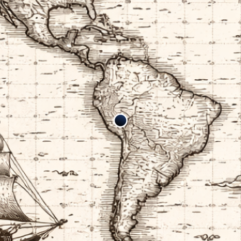 Vintage map (artistic rendering) of South America with a ship on the left side, with a blue dot marking Peru