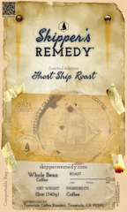 Ghost Ship Roast. Skipper's Remedy coffee package with vintage map design and ship illustration