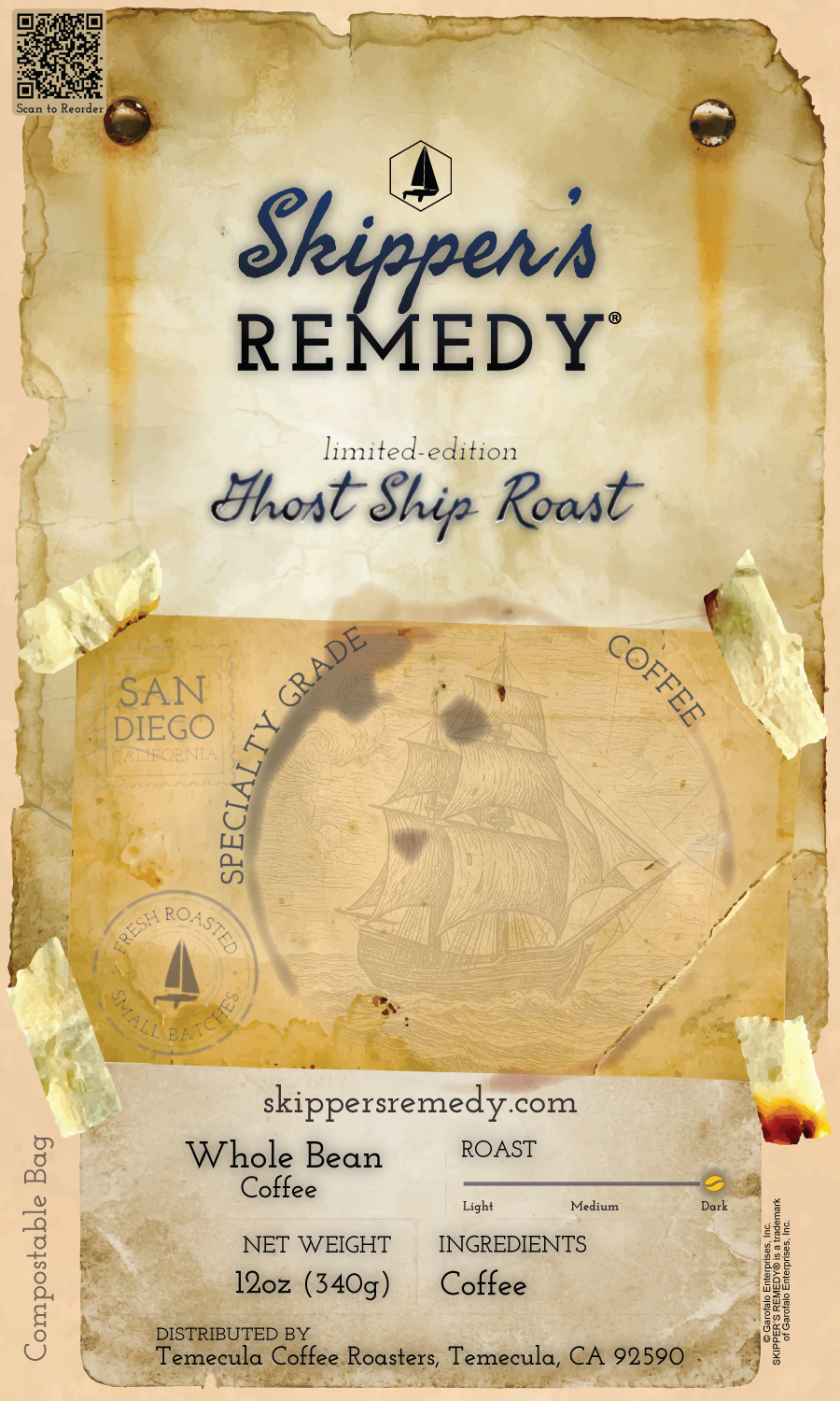 Ghost Ship Roast. Skipper's Remedy coffee package with vintage map design and ship illustration
