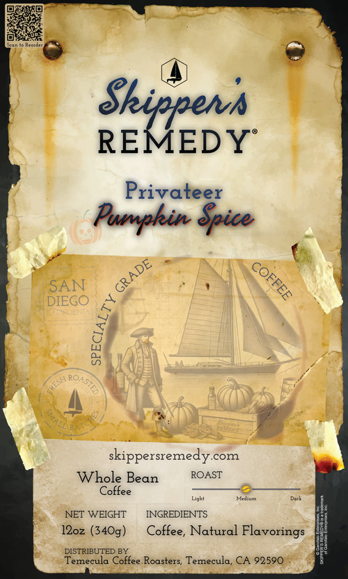 Skipper's Remedy Privateer Pumpkin Spice coffee label with vintage design and sailboat illustration.