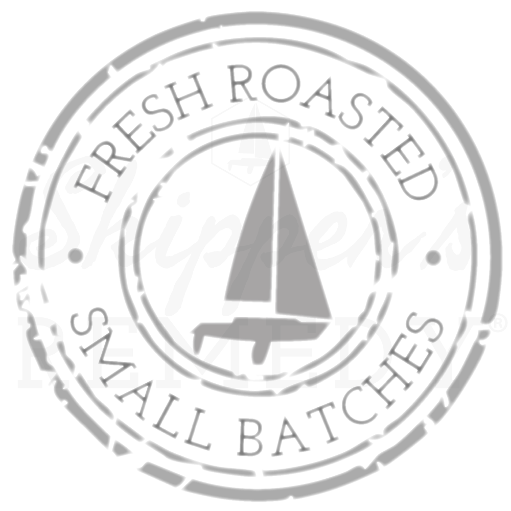 Circular logo with sailboat silhouette and text 'Fresh Roasted - Small Batches' 