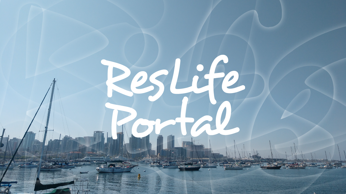 Marina with boats and city skyline, featuring 'ResLife Portal' text.
