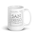 Skipper's Remedy - San Diego stamp, 15oz ceramic mug. view of side "San Diego California" stamp